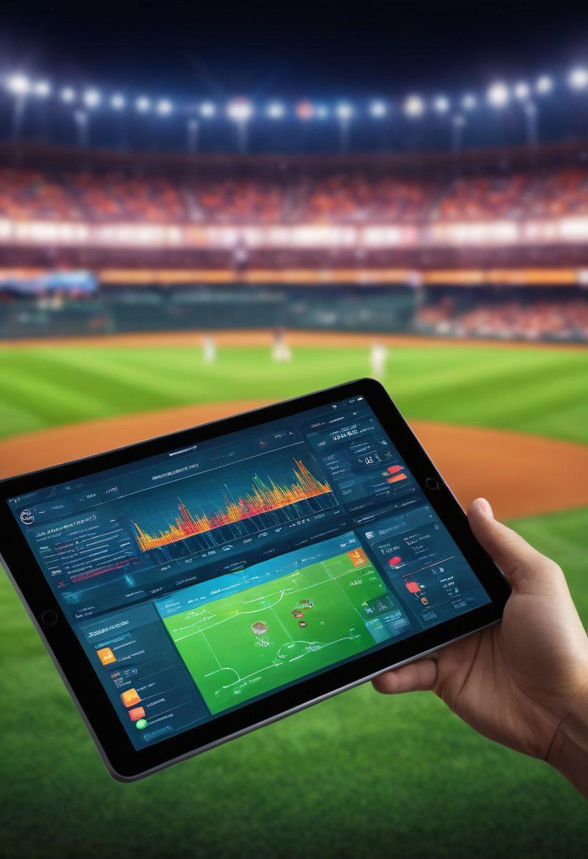 A dynamic scene of a baseball field where a player intensely studies analytics on a tablet, surrounded by vibrant charts and graphs in the air depicting player statistics and data analysis. In the background, a blurred image of a passionate crowd and players in action on the field. The theme combines the energy of the game with the precision of analytics. super-realistic. vibrant colors. 3D.
