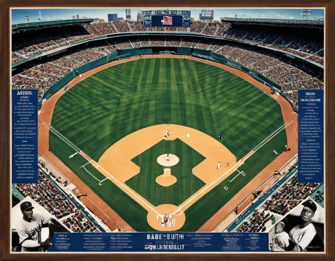 A dynamic collage showcasing iconic baseball legends like Babe Ruth and Jackie Robinson, intertwined with modern statistics and graphics of today's game. The background features a vintage baseball diamond transitioning into a sleek modern stadium, encapsulating the evolution of America's pastime. Incorporate elements like old-time baseball cards and digital data visualizations. vibrant colors. super-realistic.