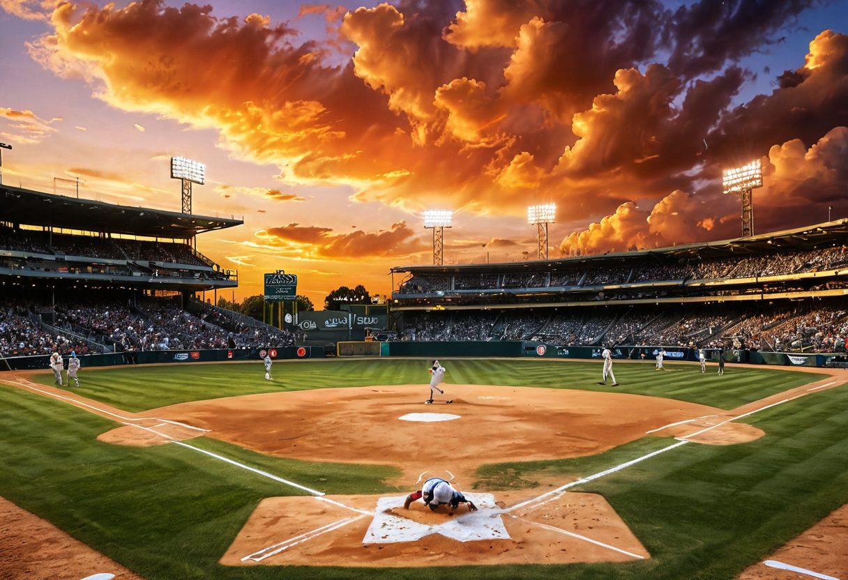A vibrant baseball diamond under a sunset sky, with players passionately engaging in the game. Include statistics displayed creatively in the background as swirling numbers and charts, intertwined with baseball memorabilia like a cracked bat and an old glove. Capture the intensity in the players’ expressions and the thrill of the crowd. super-realistic. vibrant colors. 3D.